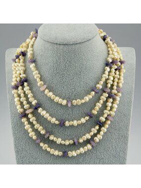Vintage Faux Pearl Opera Multi Strand Necklace Purple Glass Gold Tone Beads